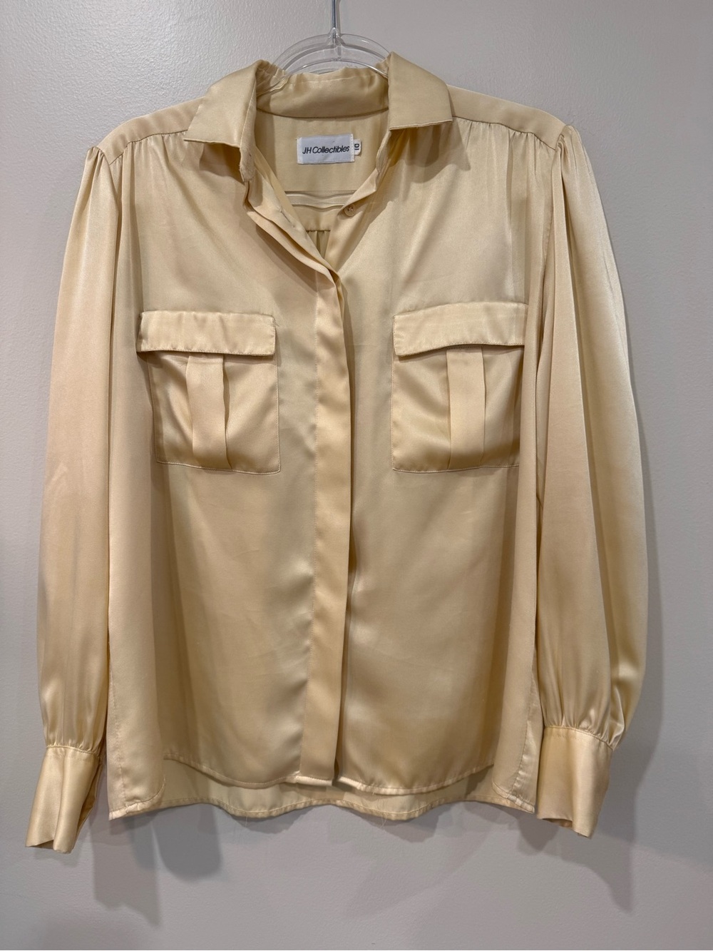 Vintage JH Collectibles 100% Silk Button Down Blouse Butter Yellow Gold Satin